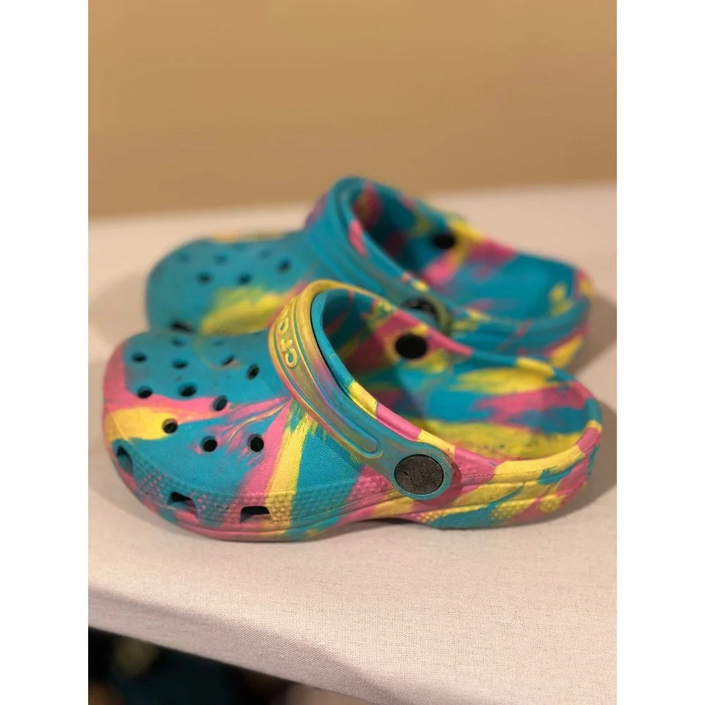 Crocs Classic Marbled Tie Dye Clogs Toddler Size 10 Teal Pink Yellow Kids Shoes